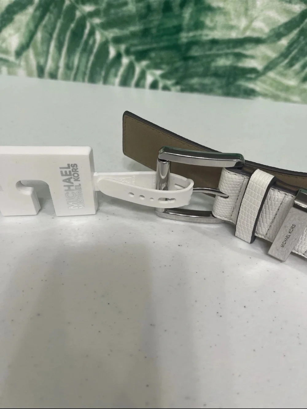 Michael Kors White Textured Leather Belt with Silver Buckle